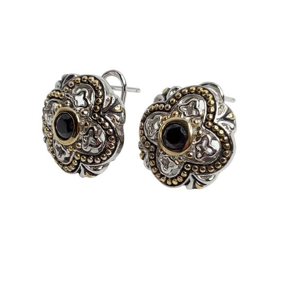 Sterling Silver Floral Filigree Ornate Earrings Black Gem Cut Stone Goldtone - Picture 2 of 6